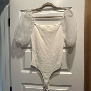 ASTR White Darling Sheer Puff Sleeve Bodysuit